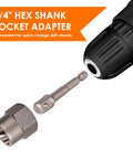 1/4-inch hex shank socket adapter shown with a drill chuck, designed for quick change in drill chucks, ideal for power tools.