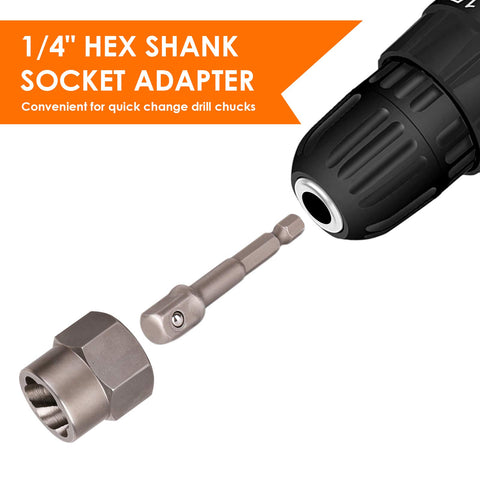 1/4-inch hex shank socket adapter shown with a drill chuck, designed for quick change in drill chucks, ideal for power tools.