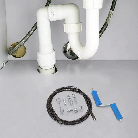 Heavy Duty Steel Drain Snake Flexible Auger Cord Three Meter Spiral Rig With Six Swappable Cutting Heads beside plumbing parts.