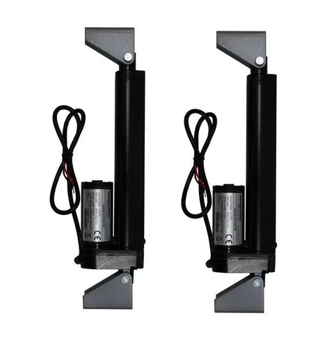 Two Piece Heavy Duty 12 Volt Linear Actuators With 225 Pound Push Pull Capacity Plus Ac To Dc Power Supply Wireless Remote Switch Mounting Brackets And Secure Wire Harness Kit For Knockout Trailer Projects And No Sweat Install set of two linear actuators with mounting brackets and wires.