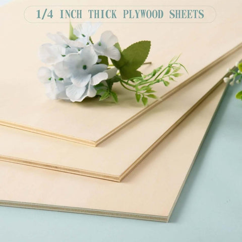 Unfinished basswood plywood sheets, four 12x16 inch, 1/4 inch thick (6mm), natural wood color, front view.