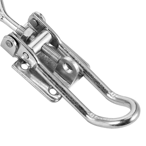 Rock Solid Stainless Steel Toggle Latch Clamp With Adjustable Movable Spindle For Jigging Tool Fixtures close-up view of metal latch mechanism