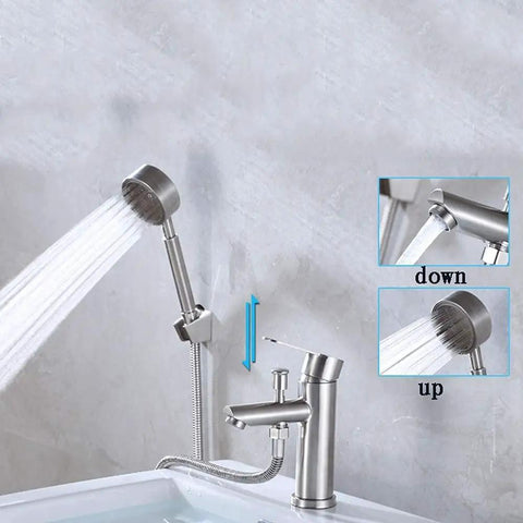 Faucets, 304 Stainless Steel Faucet Basin Cold Heat Nozzle Shower Pull Spray with dual-handle and adjustable nozzle.