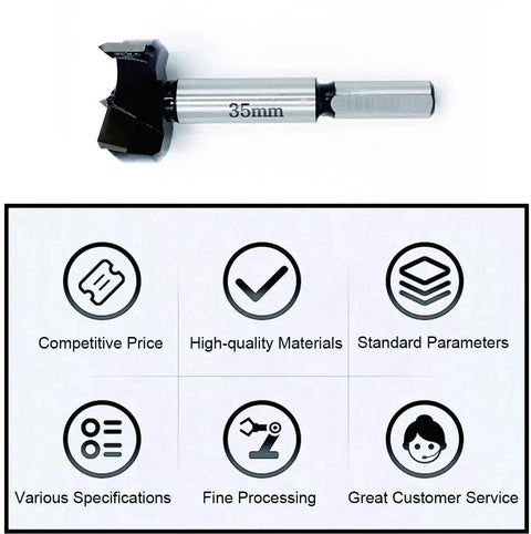 35 Millimeter Tungsten Carbide Wood Hole Saw Auger Drill Bit With Arc Curve Head, 35mm size, product features highlighted below.