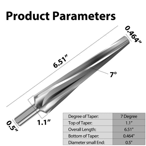 Diagram of 7 Degree Tapered Ball Joint Reamer One And One Half Inch Per Foot High Speed Drill Tool, showing dimensions and angles.