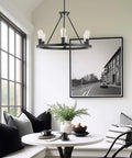 Dining room with Homestead 24 Inch 6 Light Wagon Wheel Chandelier Black And Gray Oak Wood Finish Industrial Rustic Farmhouse Ceiling Pendant