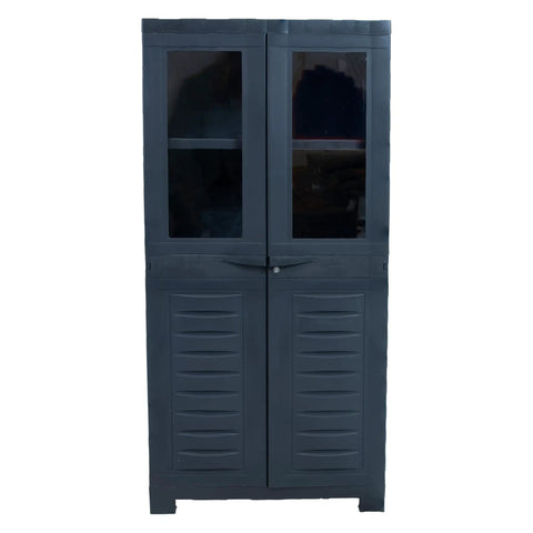 Resin Garage Storage Cabinet With Two Acrylic Glass Doors Freestanding Utility Organizer For Laundry Room Office And Basement Charcoal Finish Heavy Duty 48.75 Inch Tall