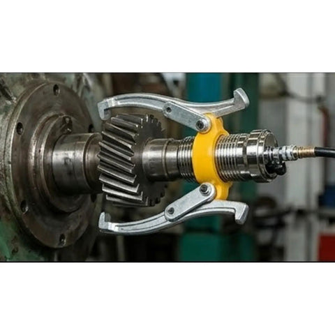 Hella Durable Hydraulic Gear Puller Set With Hand Pump 50 Ton extracting a gear from a shaft in a garage workspace.