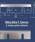 Top Shelf Carbon Steel Carton Sealer Blades Pack Of Ten Double Slot Design with dimensions 90x30x1.5 mm and pitch of 40 mm.