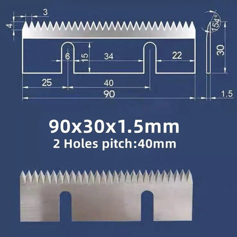 Top Shelf Carbon Steel Carton Sealer Blades Pack Of Ten Double Slot Design with dimensions 90x30x1.5 mm and pitch of 40 mm.