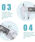 Stainless Steel Digital Caliper With Large LCD Screen, 6 Inch Vernier Caliper, showing readings and protection features.