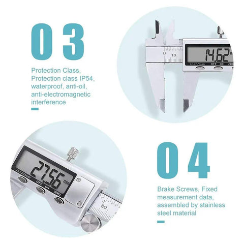 Stainless Steel Digital Caliper With Large LCD Screen, 6 Inch Vernier Caliper, showing readings and protection features.