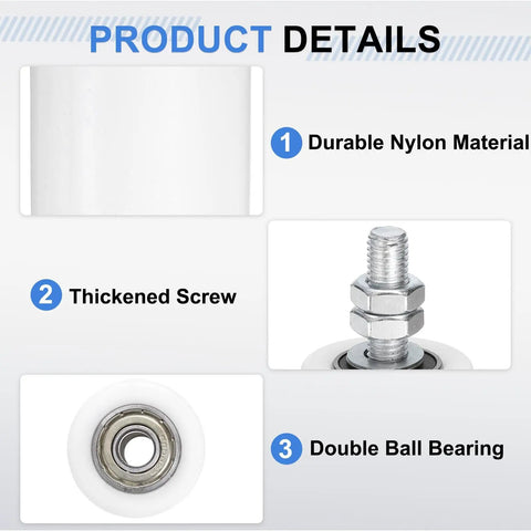 Eight Pack Sliding Gate Guide Rollers With Nylon Wheels, 1.57 Inch Diameter By 2.36 Inch Length, Sealed Ball Bearing Gate Guider For Sliding Doors, White showing nylon material, thickened screw, double ball bearing.