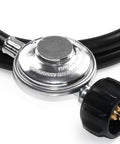 Close-up of Six Foot Propane Hose With Regulator Quick Connect For RV Grills And Heaters Quarter Inch Female Quick Connect To Acme Nut.