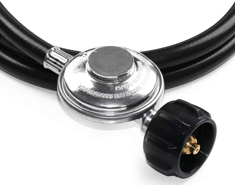 Close-up of Six Foot Propane Hose With Regulator Quick Connect For RV Grills And Heaters Quarter Inch Female Quick Connect To Acme Nut.