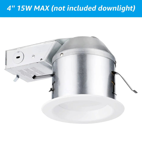 Pack Of 8 Four Inch Shallow Remodel Recessed Lighting Housing Ic Rated Airtight Cans Compatible With Fifteen Watt Leds Fits Snug In Narrow Ceilings Prevents Heat Loss For Cozy Homes Etl Listed Damp Location Ready shown with one housing viewed from the side highlighting metal finish.