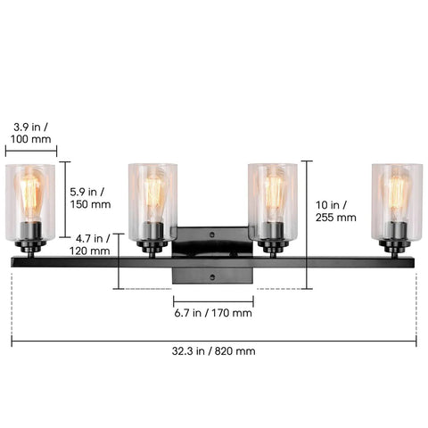 4 Light Black Vanity Wall Sconce With Clear Glass Shades, Vintage Industrial Style, shown with dimensions and Edison bulbs