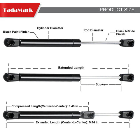 Diagram showing 10 Inch Gas Strut Lift Support 45 Lb Each, 2 Pack for measurements and finish details