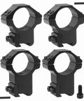 1 Inch Dovetail Scope Ring Set With Two High Profile And Two Medium Profile Rings For 11mm Rails, shown with Allen key and screws