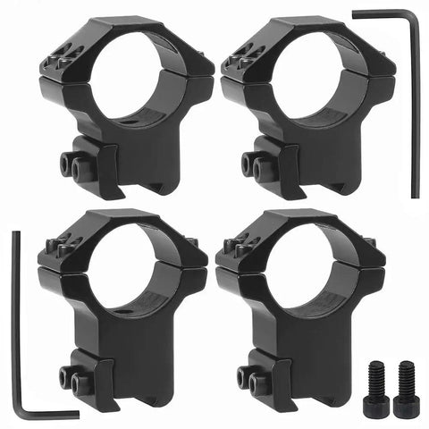1 Inch Dovetail Scope Ring Set With Two High Profile And Two Medium Profile Rings For 11mm Rails, shown with Allen key and screws