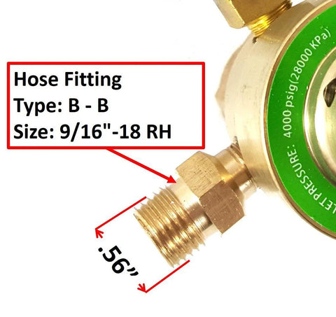 Close-up of oxygen/propane regulator hose fitting; brass connector with 9/16-18 RH thread and green gauge.