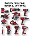 Image of various Bauer 20V cordless tools including drills, saws, and sanders, featuring a rugged design for versatility.
