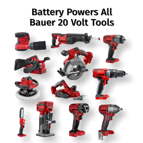 Image of various Bauer 20V cordless tools including drills, saws, and sanders, featuring a rugged design for versatility.