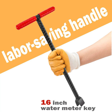 Heavy Duty 16 Inch Water Meter Key With Four Way Multi Functional Valve Shutoff Tool held by hand, red handle visible