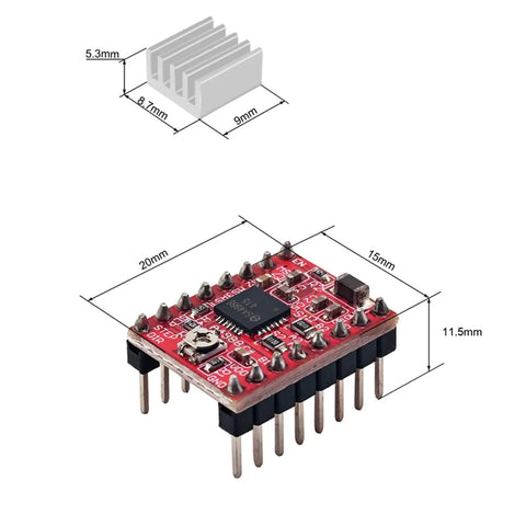 Four Pack Stepper Motor Driver Modules With Heatsinks for precise motion in 3D Printers, showing module dimensions and heatsink size.