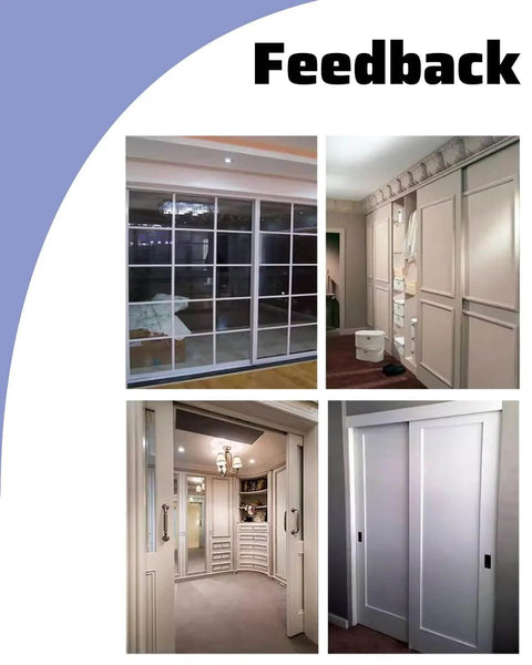 Double Track Bypass Barn Door Hardware Kit Soft Closing Mini Sliding Pocket Doors Rails Aluminum Inner Push Cabinet Closet Panel System Silver 9.1 Feet 277 Centimeters installed in various room settings