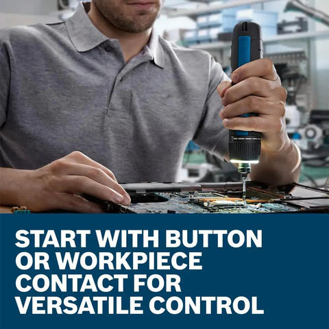 Person using 4V Max USB C Rechargeable Screwdriver With Dual Activation For On The Go Use on electronics with LED worklight
