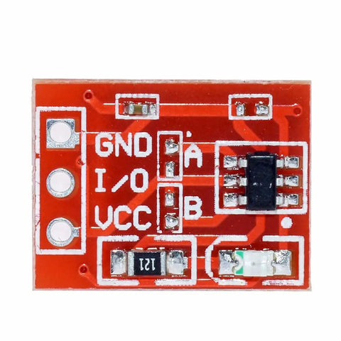 Front view of TTP223 capacitive touch switch module, showing circuit board design and components for DIY projects.