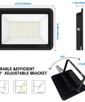Two Pack 50W LED Flood Lights Outdoor Plug In 7000 Lumen IP65 Waterproof Security Lights For Yard Garden Patio Playground Daylight 6500K Crazy Bright Wide 120 Degree Beam shown with dimensions and adjustable bracket detail