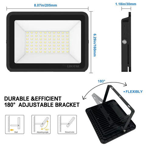 Two Pack 50W LED Flood Lights Outdoor Plug In 7000 Lumen IP65 Waterproof Security Lights For Yard Garden Patio Playground Daylight 6500K Crazy Bright Wide 120 Degree Beam shown with dimensions and adjustable bracket detail