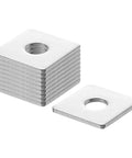 Top Shelf 304 Stainless Steel Square Washers 1 Inch Flat Pads For 5/16 In Bolt stacked and single washer view.