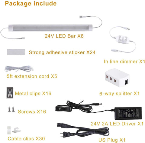 Under Cabinet LED Lights Kit 8 Pack 11 Inch Linkable Dimmable 6000K Cold White Plug In Or Hardwired package contents display