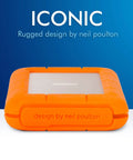 Rugged USB C 4TB Portable External Drive With Drop, Shock, Dust And Rain Resistance for Mac and PC, orange casing, designer text