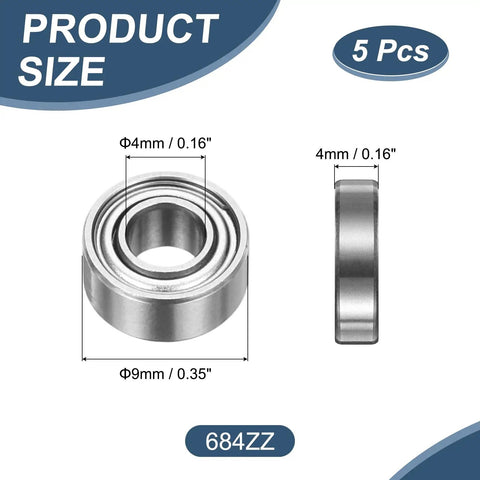 Five Pack 684ZZ Deep Groove Ball Bearings 4 x 9 x 4 mm Chrome Steel Double Shield ABEC5 Precision dimensions image