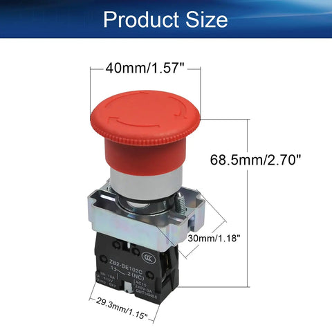Heavy Duty 22mm Red Mushroom Emergency Stop Push Button Switch With Panel Mount Base For Machinery 660V 10A 1NC Self Locking Rotary Reset Industrial Panel Button For Safe Quick Stop size diagram, 40mm top