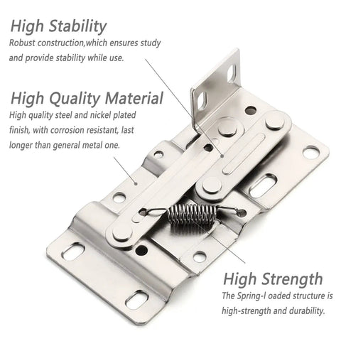Nickel plated steel tip-out tray hinge with scissor design for kitchen and bathroom cabinets, highlighting stability and strength.