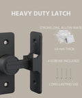 Side view of 90 Degree Zinc Alloy Barn Door Lock Latch, black, showing zinc alloy material, screws included for installation.