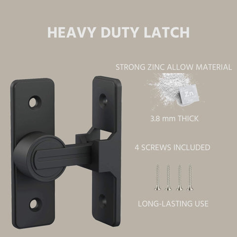 Side view of 90 Degree Zinc Alloy Barn Door Lock Latch, black, showing zinc alloy material, screws included for installation.