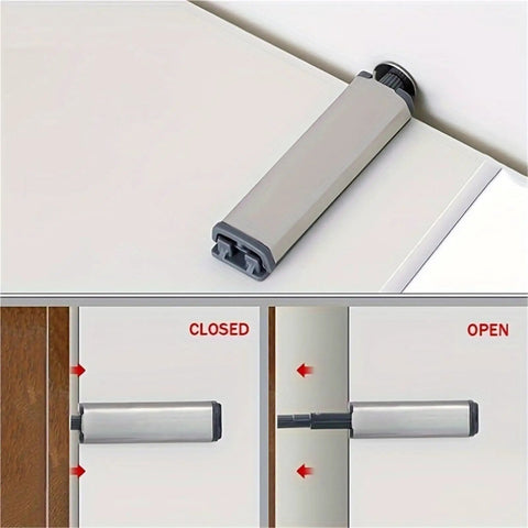 Magnetic Latches 4 Or 10 Pack 304 stainless steel cabinet hardware with soft close and touch release demonstrating open and closed states.