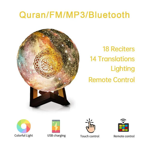 Moon Quran Speaker Lamp With Bluetooth on wooden stand, featuring starry design for Eid Mubarak and Hajj gifts with app control.