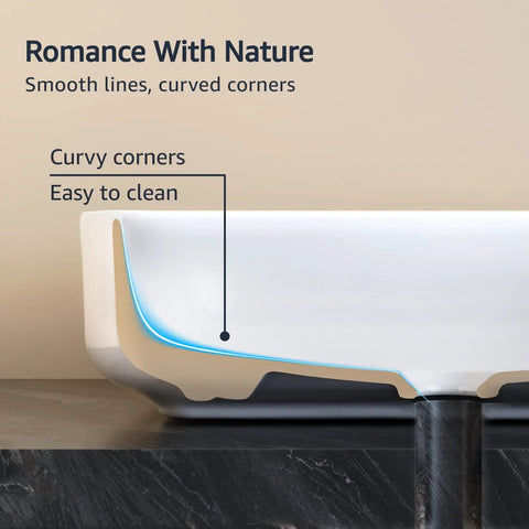 Side view of Rectangular Bathroom Vessel Sink, Above Counter Top Mount, Porcelain Ceramic, Glossy White, 19.7 x 15.2 x 5.4 Inches, Thick Glaze Finish showing smooth lines and curved corners.