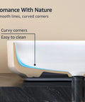 Rectangular Vessel Sink For Bathroom Above Counter Top Mount Porcelain Ceramic Premium 19.7 by 15.2 by 5.4 Inches Sleek Modern Countertop Basin With Thick Glazed Finish, close-up of side profile showing smooth lines and curved corners.