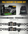 Heavy Duty Self Retracting Tie Down Straps Two Pack Two Inch By Ten Feet Four Thousand Four Hundred Pound Break Strength Auto Retractor Harness For Motorcycle Atv Utv Pickup Truck Cargo Van Grey Tough As Nails Gear with storage bag and soft loops