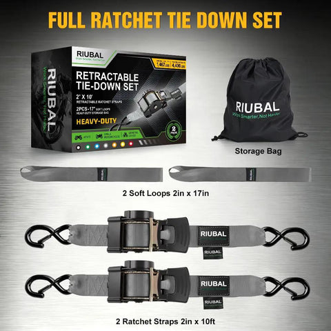 Heavy Duty Self Retracting Tie Down Straps Two Pack Two Inch By Ten Feet Four Thousand Four Hundred Pound Break Strength Auto Retractor Harness For Motorcycle Atv Utv Pickup Truck Cargo Van Grey Tough As Nails Gear with storage bag and soft loops