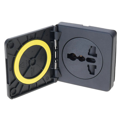 Rugged 10A Weatherproof Outdoor Power Outlet With Secure Cover For Caravans And RV Campers, open view showcasing black housing and socket.