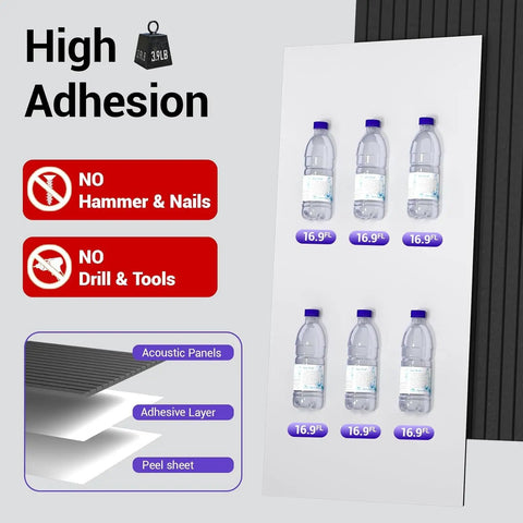 Hassle Free Peel And Stick Acoustic Wall Panels 10 Pack Sound Dampening Foam Tiles Noise Killing Room Decor Black 48X24 Inch Echo Reducer demonstrating high adhesion with water bottles.